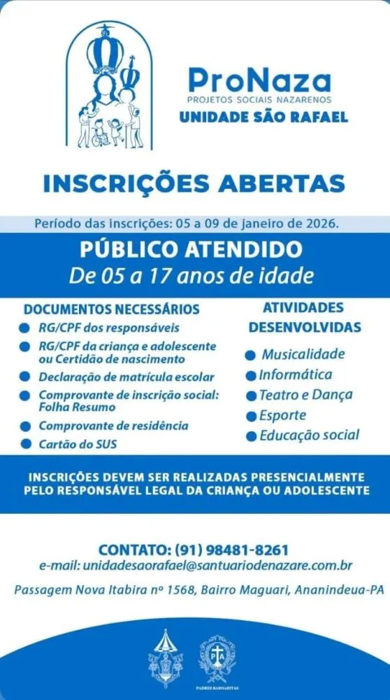 ProNaza abre inscrições para projetos sociais na Unidade São Rafael